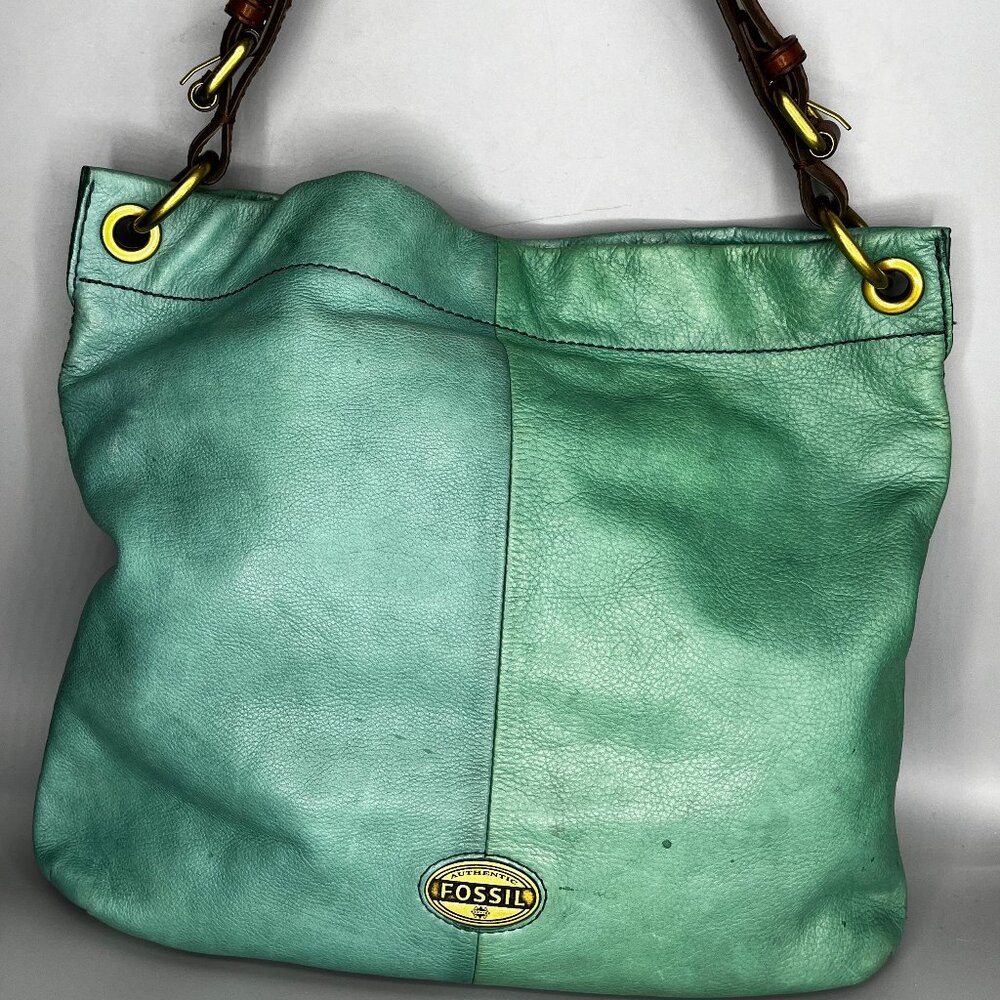 FOSSIL 2 TONE LEATHER AQUA/TEAL SHOULDER BROWNLEATHERBAG W/BRASS TONE HARDWARE